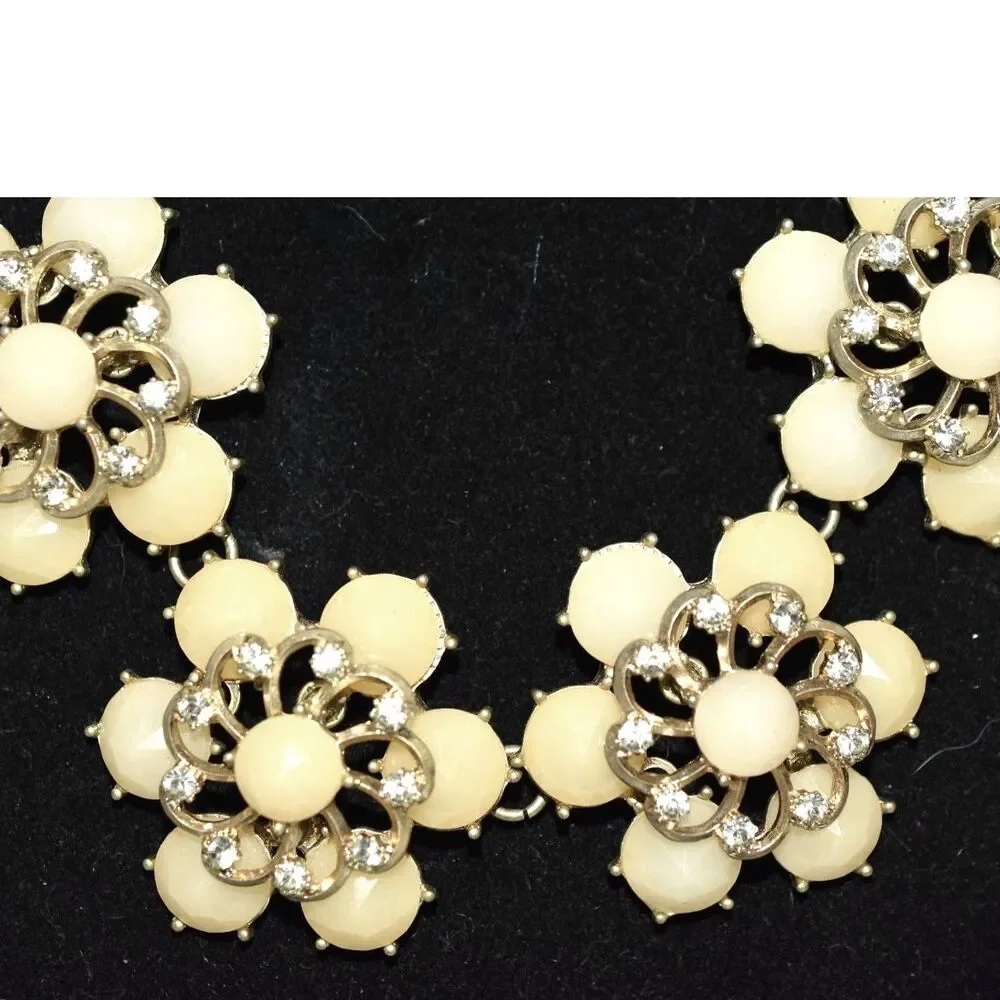 Distinctive Cream/Ivory Floral Design Rhinestone Accents Gold Tone 16